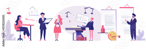 Business people signing contract agreement and discussing legal documents with law and justice symbols in flat minimalist vector style