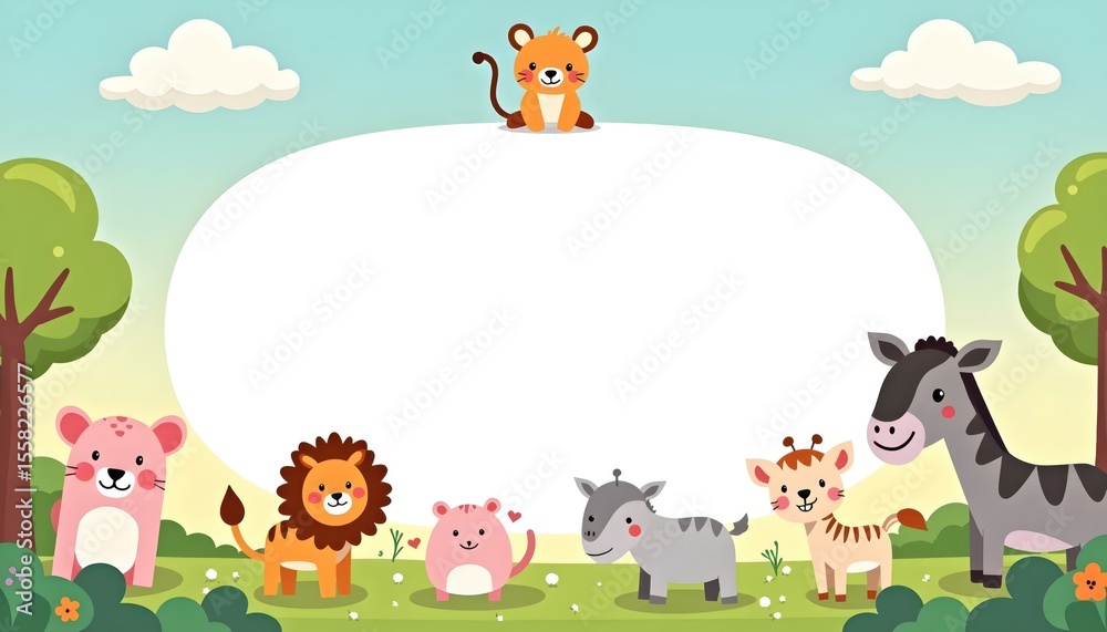 Obraz premium Colorful cartoon jungle friends surround an empty banner space