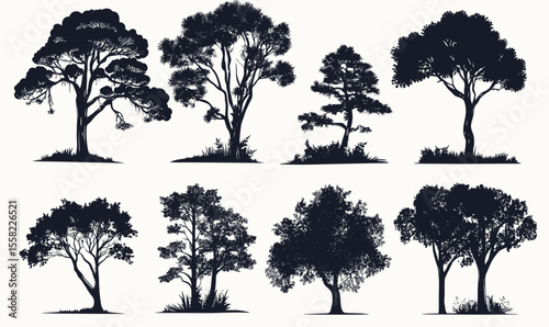 Silhouette collection of diverse tree species with detailed foliage and branches isolated on white background in minimalist flat vector style for nature and landscape design elements