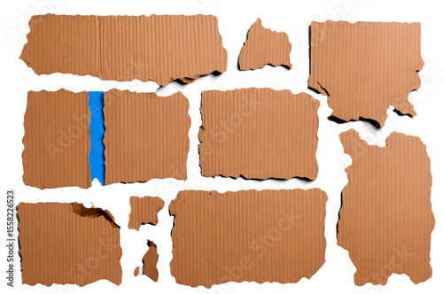 Torn Corrugated Cardboard Pieces with Blue Detail – Isolated PNG for Texture, Packaging, and Design Projects

