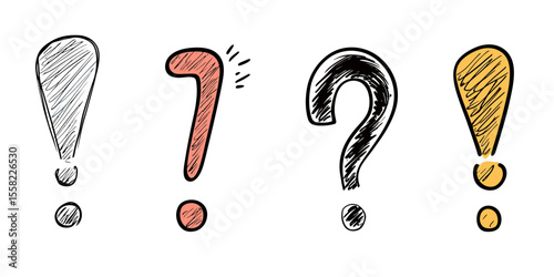Hand drawn sketch style exclamation points and question marks set in black and orange with scribble doodle texture isolated on white background vector illustration