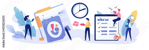 Business planning and time management illustration with people analyzing charts checklist schedule clock and rocket launch concept for productivity and workflow organization