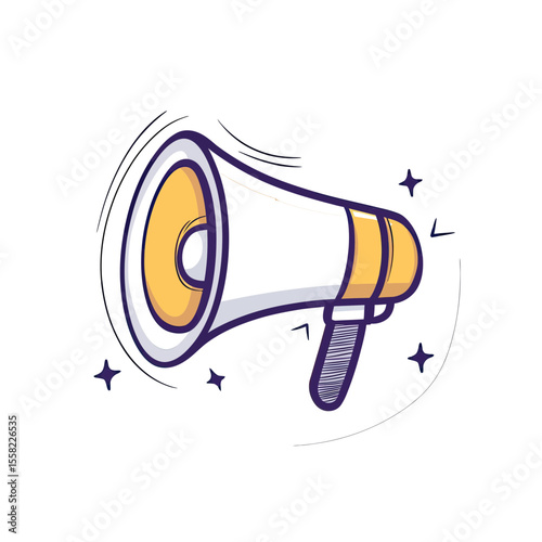 Hand drawn megaphone loudspeaker icon with sound vibrations and stars announcement communication sketch in flat minimalist vector style illustration