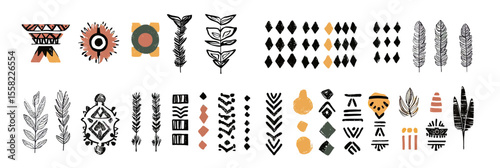 Minimalist native American inspired ornamental shapes with geometric tribal motifs and hand drawn ethnic vector elements in flat design style