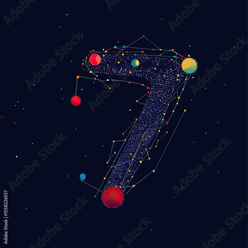 Abstract futuristic number seven formed by cosmic stars planets and constellation dots and lines on dark space background vector digital concept art image
