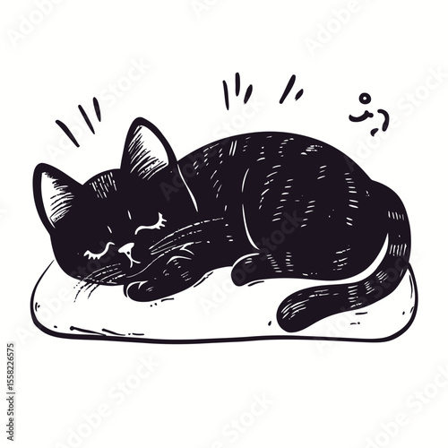 Sleeping black cat curled on pillow hand drawn doodle sketch style peaceful resting animal pet illustration in simple minimalist vector design