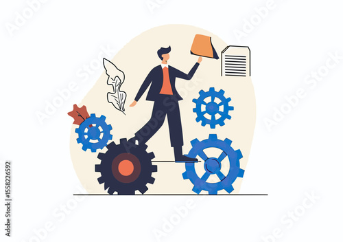 Business person balancing on interconnected gears holding document with abstract leaves and papers background vector illustration for productivity and teamwork concept