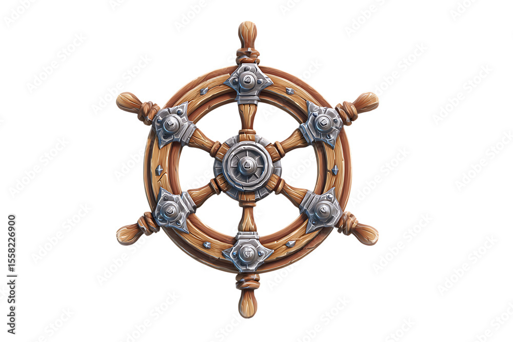 Obraz premium Vintage Ship Wheel: A detailed close-up of an antique wooden ship's wheel, adorned with metal accents, evokes a sense of adventure and nautical history.