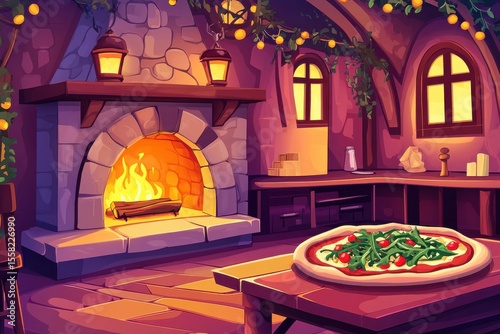 Cozy rustic kitchen interior with stone fireplace and freshly made pizza topped with fresh vegetables, capturing a warm and inviting culinary atmosphere for food lovers.