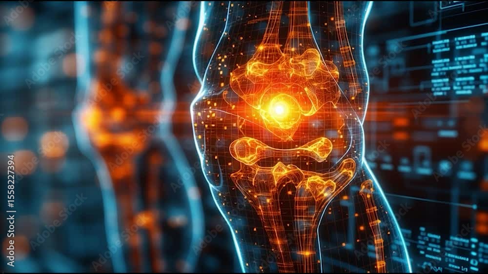 Digital medical visualization of knee joint inflammation highlighting arthritis pain and bone structure in futuristic diagnostic interface
