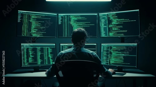 Coding Vigil: Man at Multiple Monitors Navigating Digital Realm with Lines of Code