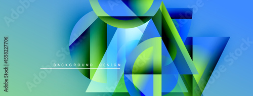 Abstract geometric shapes overlap, creating vibrant blue, green gradients. Modern design suggests technology, innovation, dynamic composition.
