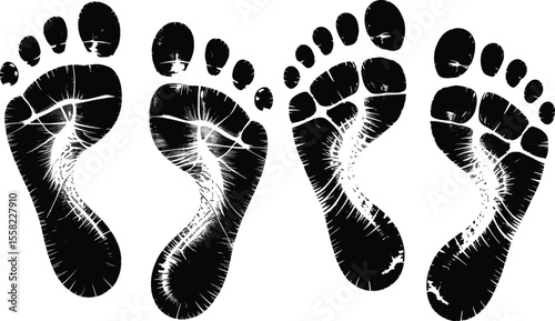 Black Footprint Silhouette Clipart Set, Grunge Bare Feet Print Vector Illustration.