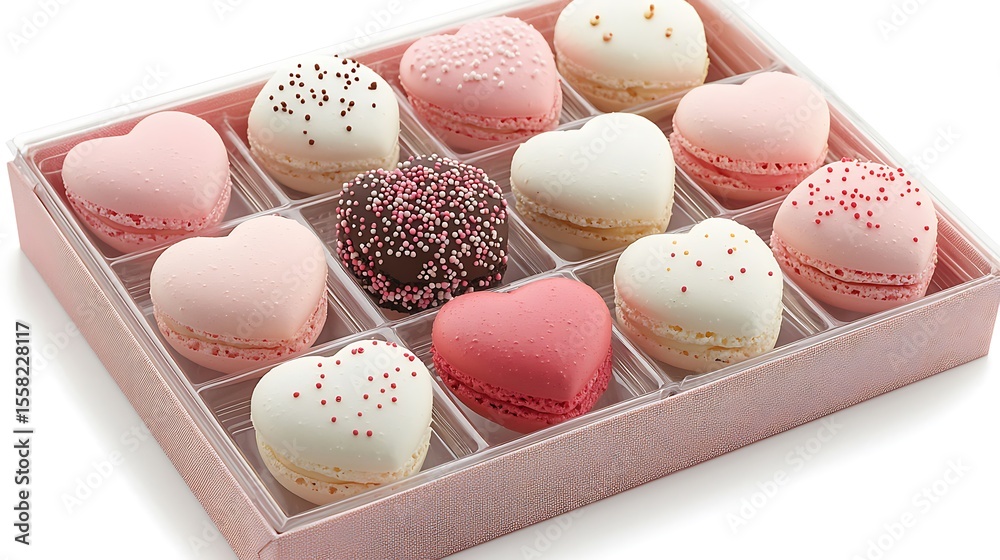 Fototapeta premium Assorted Heart-Shaped Macarons in Pink and White for Romantic Celebrations and Gifts