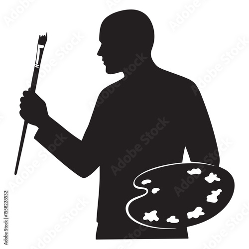 Artistic silhouette of an artist holding a paintbrush and palette isolated on white background