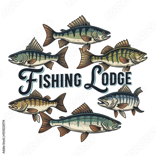 Fishing Lodge vector design. Freshwater fish angling emblem. Vector illustration of set of various fish
