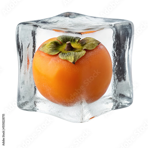 Persimmon fruit encased in clear ice cube  isolated  on  transparent  background  