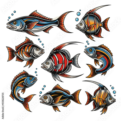 Set of Vector illustration various fish species, including baitfish, Butterflyfish, Angelfish, Damsel fish. Ideal for fishing logos, outdoor designs, stickers, t-shirt designs.