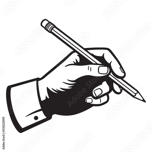 Black and white illustration of a hand holding a pencil ready to write or draw