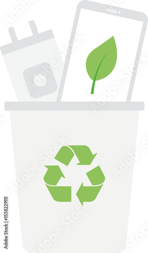 Eco-Friendly concept. Recycling electronic waste with a leaf symbol in a bin. Flat icon illustration