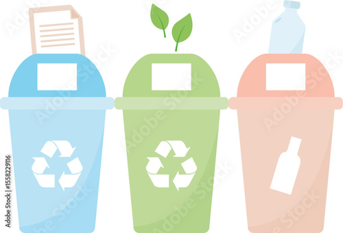 Eco-Friendly concept. Recycling bins for paper, plants, and plastic waste management. Flat icon illustration