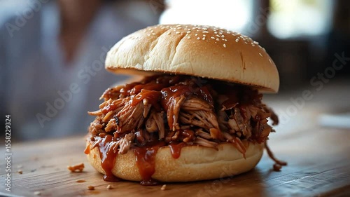 BBQ pulled pork sandwich with sauce dripping, set on wooden table
