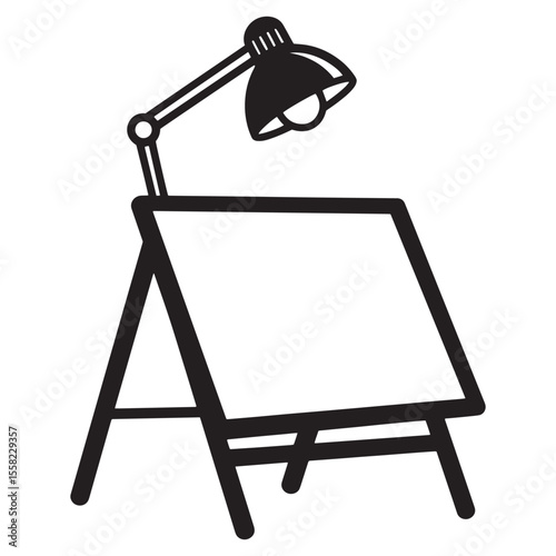 Black and white illustration of an artist easel with an adjustable desk lamp