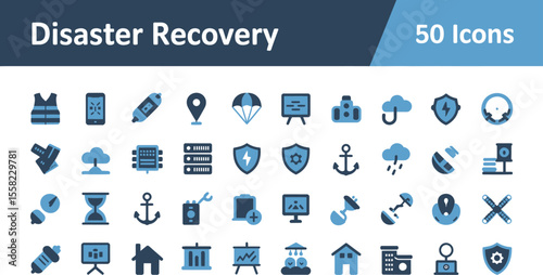 Illustration of disaster recovery icons in blue and white colors