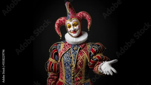 Portrait of a jester wearing elaborate historical costume with makeup and ruff collar on dark background.