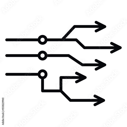 Minimalist vector illustration of circuit-style arrows symbolizing data flow and signal direction in digital systems. Data flow icon. Digital arrow vector. AI signal path. Technology circuit arrows.