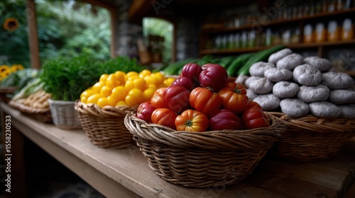 Wallpaper Mural Freshly harvested vegetables sit in woven baskets at a market stall surrounded by greenery on a sunny day, inviting visitors to explore local produce and enjoy natures bounty Torontodigital.ca