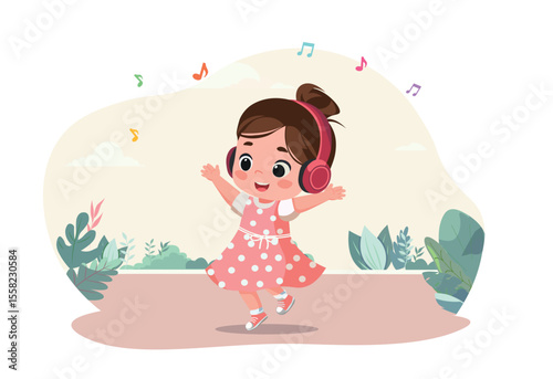 vector illustration of kid listening to music outdoors with park background