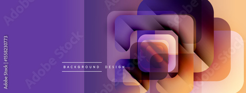 Abstract geometric composition. Overlapping squares create layered effect. Purple, orange hues dominate design. Modern, minimalist aesthetic.
