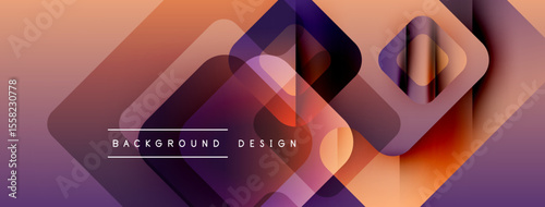 Abstract geometric shapes overlap, creating vibrant gradient background. Purple, orange hues dominate design, modern aesthetic.