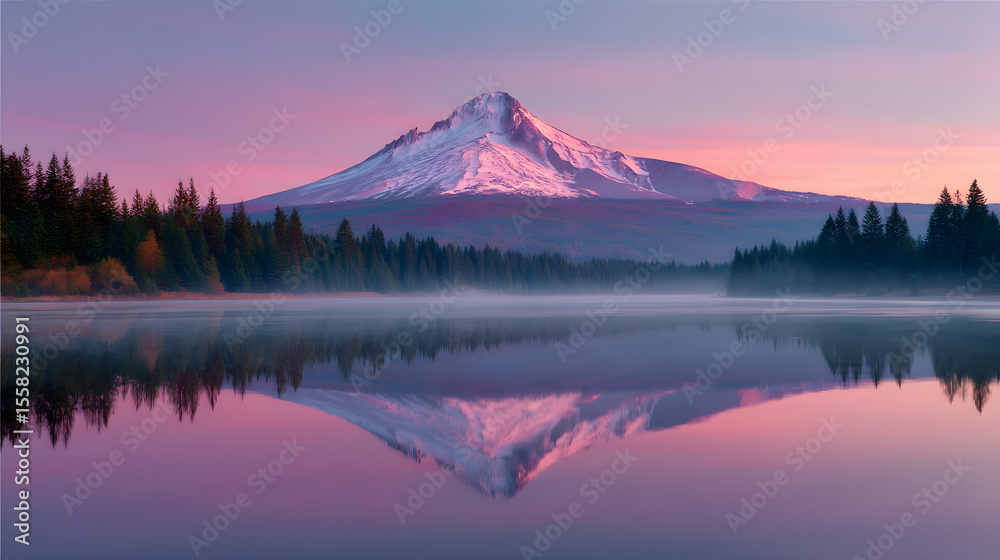 Naklejka premium Serene Mountain Vista: The majestic peak, kissed by the first light of dawn, casts a perfect reflection in the calm lake, while evergreen trees frame this tranquil landscape.