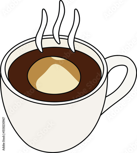 Vector illustration of a hot affogato coffee served in a white cup with visible steam rising. 