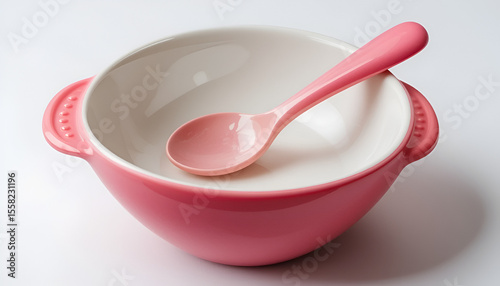 Presenting a ceramic bowl with a matching spoon in a soft pink hue, perfect for baby food or dessert presentation.