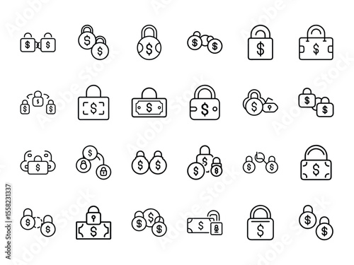 Set of Locked Currency Icons in Silhouette Style – Vector Line Illustrations of Secure Money Symbols, Padlocks with Dollar Signs, and Protected Cash Concepts for Finance, Banking, and Cybersecurity D