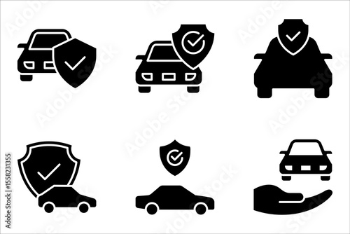 Car insurance icon set. car protection, care and security for the automobile, car with shield icon, vector illustration on white background