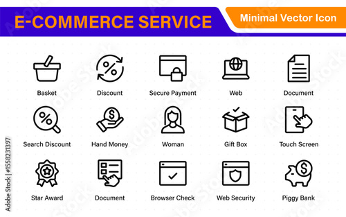 E-Commerce set of web icons in line style. Online shopping icons for web and mobile app. Business, mobile shop, digital marketing, bank card, gifts, sale, delivery. Vector illustration