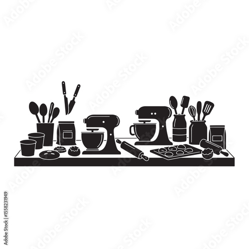 Minimalist black and white illustration of various baking tools and kitchen utensils on a countertop