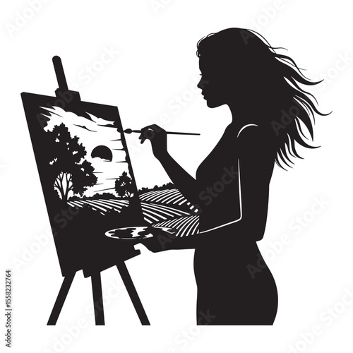 Silhouette of a female artist painting a landscape on a canvas with wind flowing hair