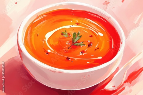 Creamy tomato soup in a white bowl garnished with fresh herbs and a swirl of cream on a colorful pastel background, perfect for culinary visuals or food blogs.