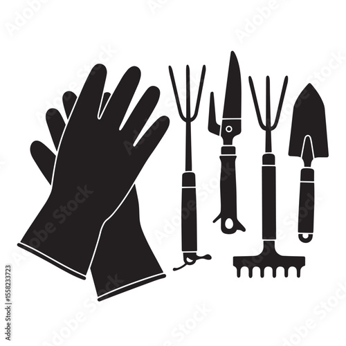 Simple and clean black and white illustration of various gardening tools and gloves