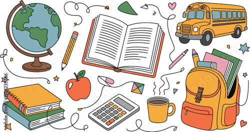 A cartoon illustration of school supplies and educational objects