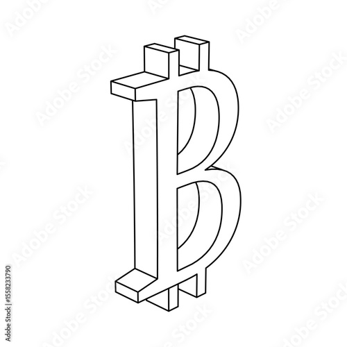 The outline of a large bitcoin symbol is made with black lines. 3D view of the object in perspective. Vector illustration on white background