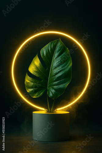Monstera leaf in neon yellow ring on concrete pedestal with dark background