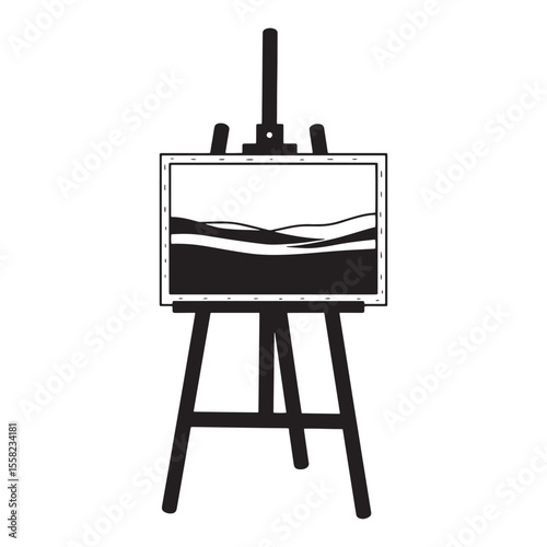 Simple black and white illustration of an easel holding a landscape painting on canvas