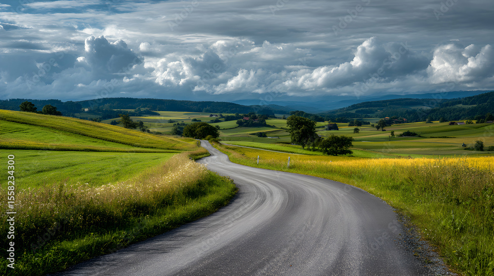 Fototapeta premium Winding country road leads through rolling green fields beneath a dramatic cloud filled sky