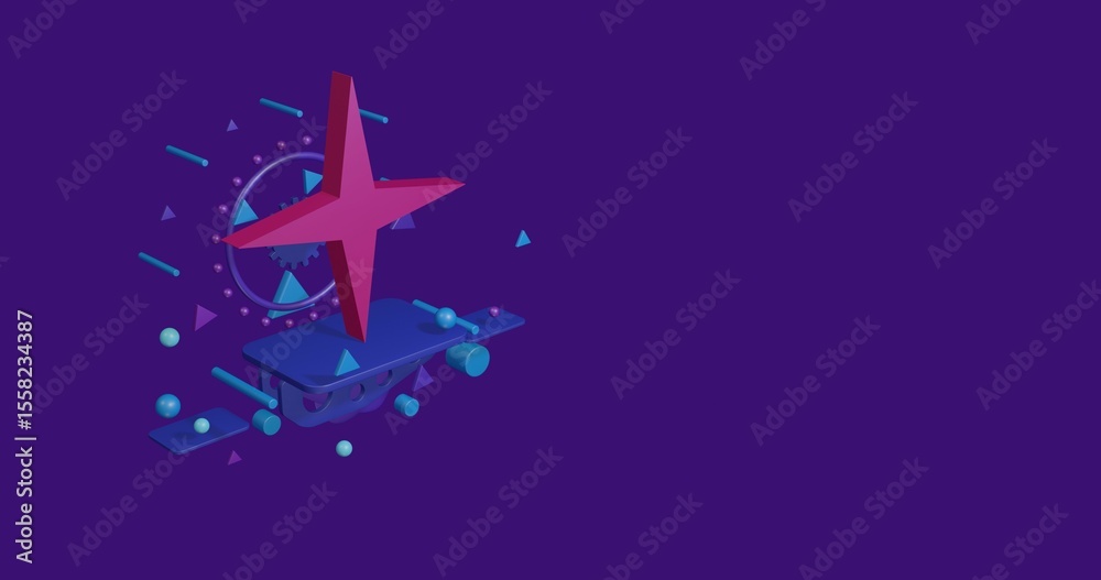 Fototapeta premium Pink star symbol on a pedestal of abstract geometric shapes floating in the air. Abstract concept art with flying shapes on the left. 3d illustration on deep purple background